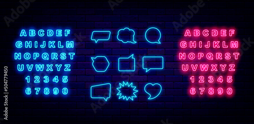 Blue speech bubbles neon set. Empty border set. Shiny blue and pink alphabet. Vector stock illustration