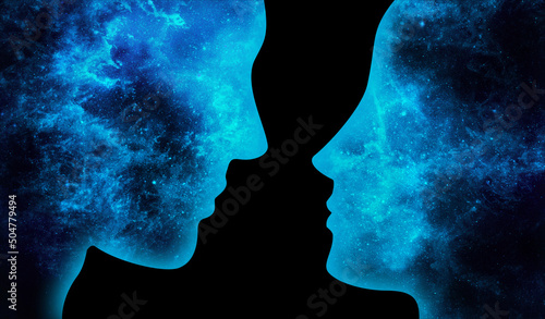Blue space man and woman look at each other on a black background