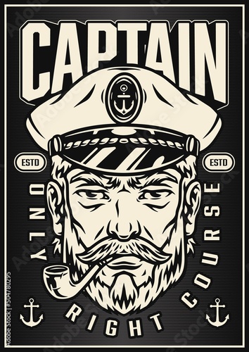 Poster with seaman in sailor captain hat smoking pipe. Monochrome vector