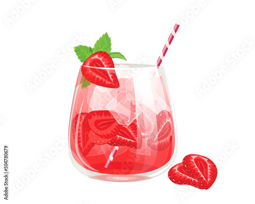 Strawberry cocktail. Fresh summer cocktail with strawberries, ice cubes and mint.Vector illustration.The concept of drinks.