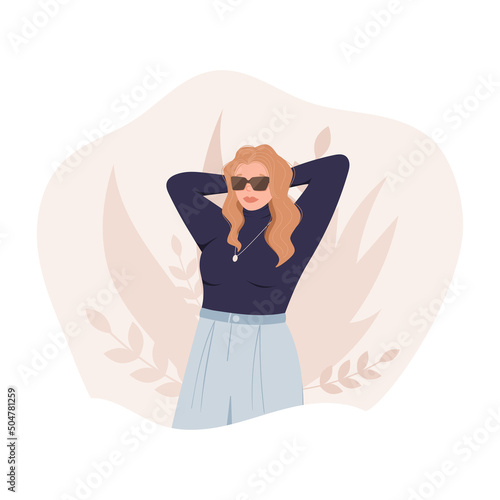 Vector flat illustration of a plump fashionable blonde woman.