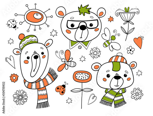Funny animals. Summer drawing. Animals with flowers and insects.
