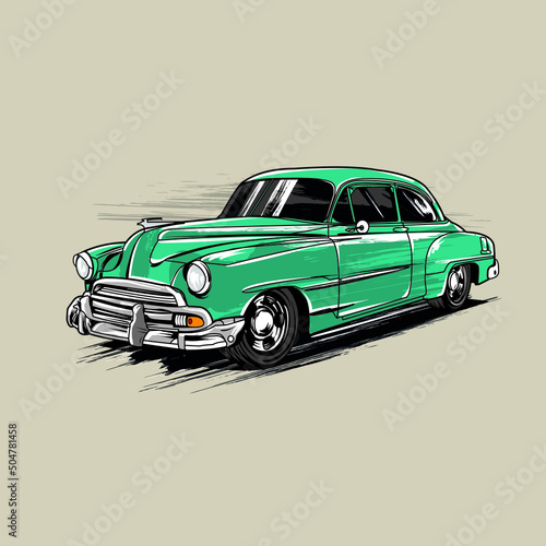 Old sedan vector drawing illustration.Good for vintage and retro car lover t-shirt design.