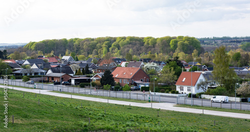 A green spring landscape view. Cozy danish houses and rooftops in the  surrounding nature in may. © Anna
