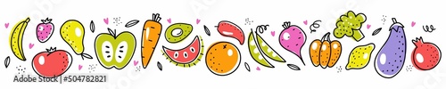 Horizontal set of hand-drawn illustrations of fruits and vegetables