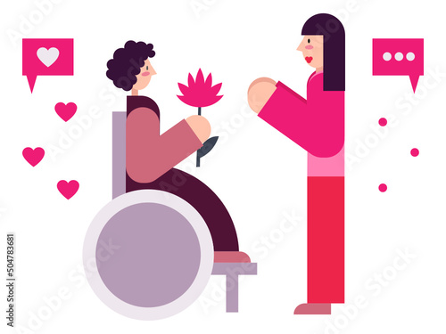 A guy in a wheelchair proposes to a girl. A young disabled man gives a flower to his girlfriend.