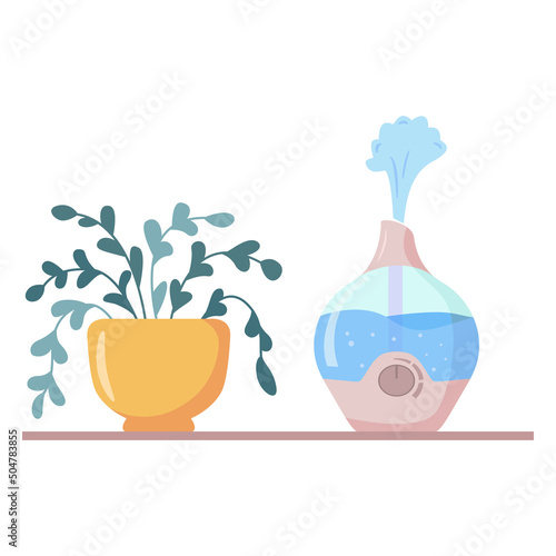 Humidifier distributes steam for home.Plant for interior decor of home..Air diffuser.Device for humidifying.Purifier microclimate. Healthy air. Mist sprayer for indoor use.Isolated on a white backgrou