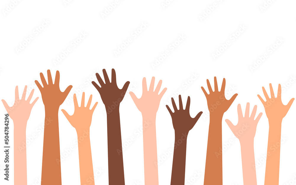 Multi-ethnic and Diverse Hands Raised Up. Charity, crowd, workforce, community concept. Vector illustration. Multi-ethnic and Diverse Hands Raised Up. Charity, crowd, workforce, community concept. Vector illustration.