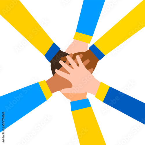 Ukraine And Ukrainian partnership. Hands in a group of people connected together. Vector illustration.