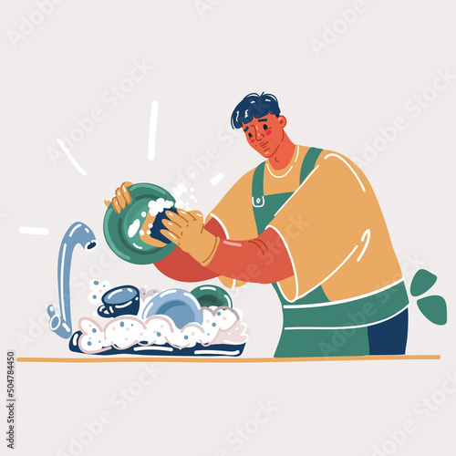 Vector illustration of Man washes dishes