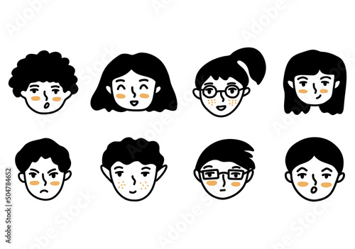 Collection of young girls and guys with different facial expressions. Black and white vector isolated illustration set hand drawn. Student or teenager doodle. Gloom and surprise, laughter