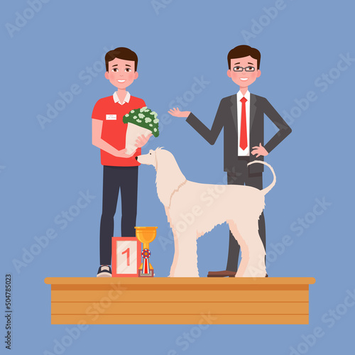 Dog owner with pet receive awards for winning in dog show. Vector illustration