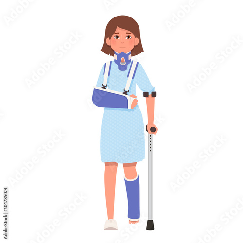 Pretty girl in hospital clothes with injuries and gypsum. Accident injuries concept. Vector illustration isolated on white background