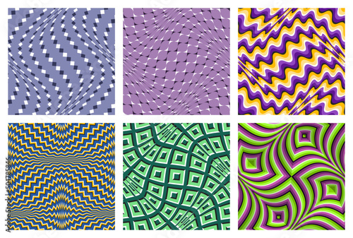 Colored optical illusion seamless patterns set. Moving fabric swatches design.