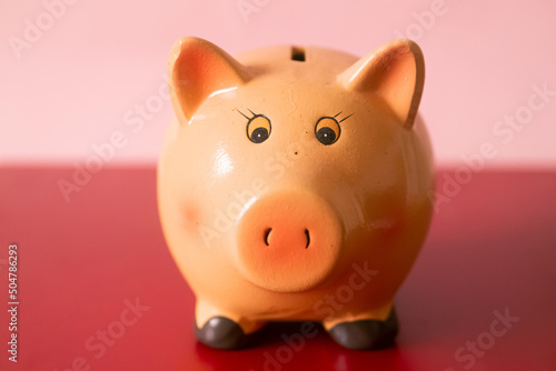 Piggy bank on red and light pink background