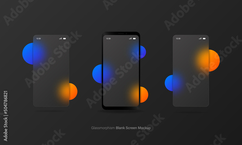 Glassmorphism smartphone blank screen, transparent glass plates with mobile app ui. Frosted glass phone screen with blurred abstract shapes. Vector EPS 10