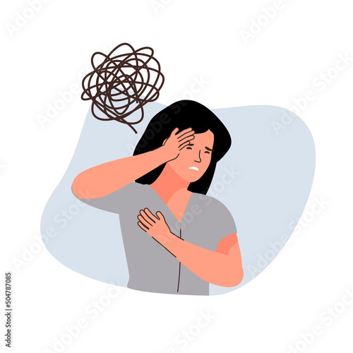Panic attack concept. Uneasy woman has chest pain and vertigo. A depressed female with nervous problems has shortness.