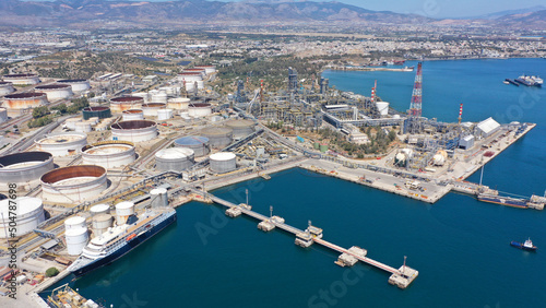 Aerial drone photo of Hellenic Petroleum and crude oil industrial Site of Elefsina, Attica, Greece