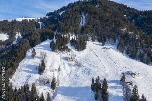 Beautiful drone view over the mountain of ski slope