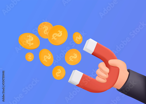 3d hand holding magnet attraction money coins. magnet for business investments earnings and financial savings, earning.
