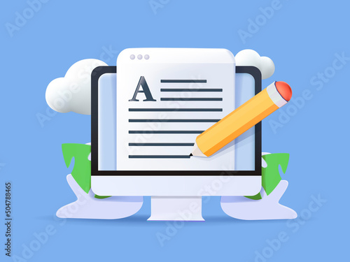 Editable online document concept. Creative writing, storytelling, copywriting, online education. 3d vector illustration.