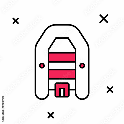 Filled outline Inflatable boat with outboard motor icon isolated on white background. Vector