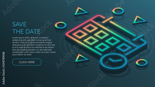 Isometric Save The Date with rainbow gradient on blue background. Extended with different shapes