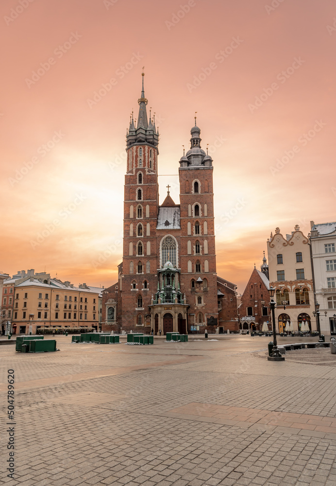 St Mary's church in Krakow, Poland, on colorful morning