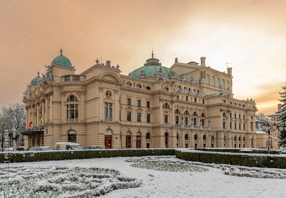 Krakow, Poland, XIXth century city theater in the snow