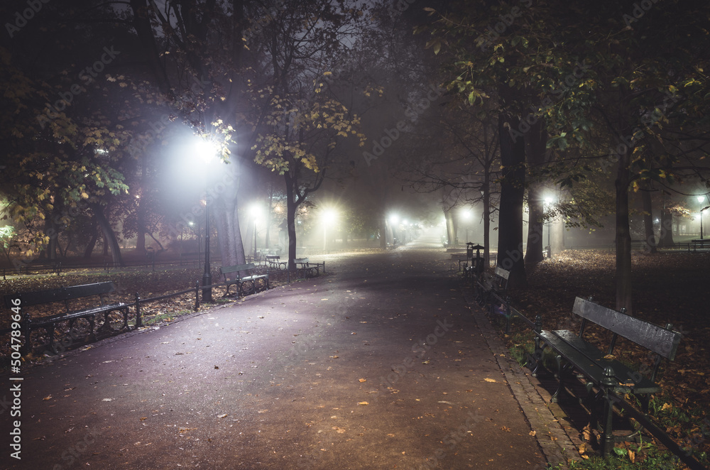 Planty park. foggy autumn night, Krakow Poland