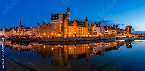 Gdansk, Poland, Motlawa river waterfront in the night, historical port of the city