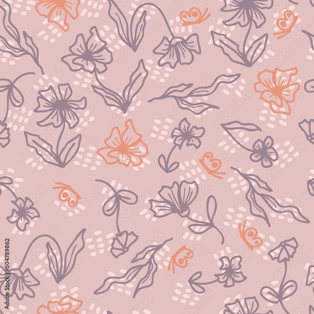 Groovy seamless pattern with flowers and butterflies on spotted background. Hippie aesthetic print for fabric, paper, T-shirt. Nature doodle vector illustration for decor and design.