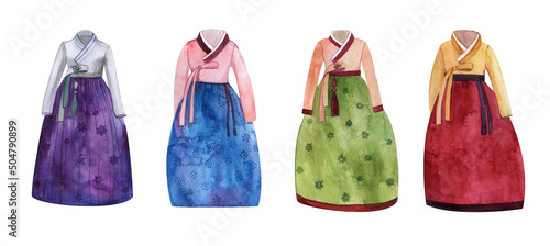 Korean national costume, Chinese women's dresses, Watercolor illustration isolated on white background