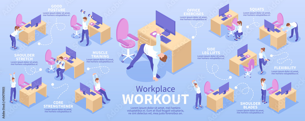 Isometric Colored Workplace Workout Infographic - obrazy, fototapety, plakaty 