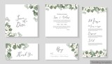 Vector herbal wedding invitation template. White magnolia, sakura , eucalyptus, green plants and leaves. All elements can be isolated. Invitation card, thank you, rsvp, menu. 