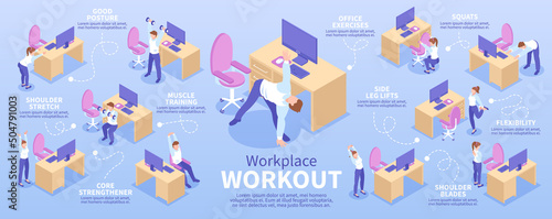 Isometric Colored Workplace Workout Infographic