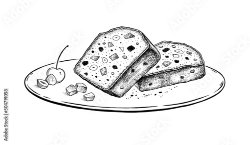 Vector sketch illustration of Fruit Cake on plate