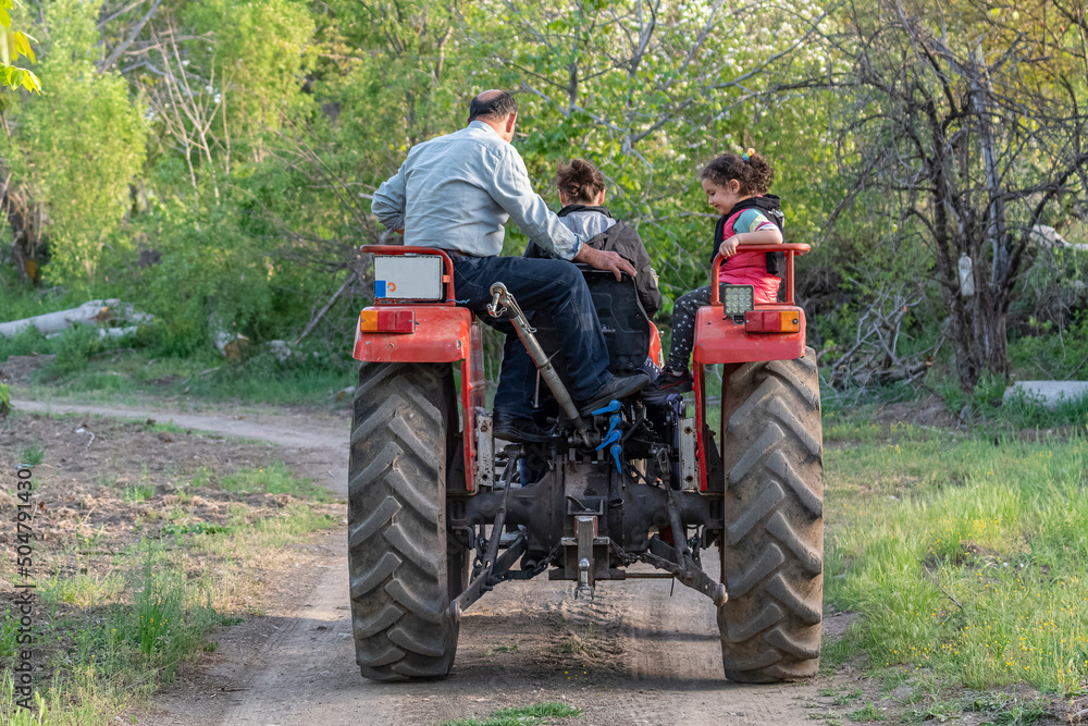 Obraz premium Back view with selective focus of grandpa, mother and little girl strolling with tractor.