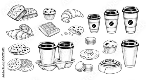 Set of Takeaway Coffee and sweet food