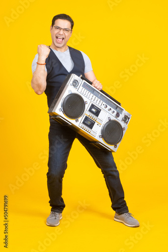 Man with music center. Old ...