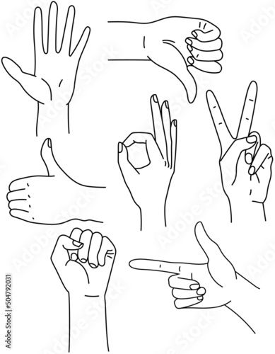 Hand position set. Fist index finger thumbs up, victory, thumbs down, okey gestures. Vector illustration