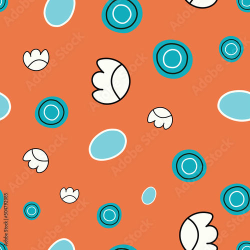 Hand drawn ornamental abstract background. Blue and white shapes on orange background.