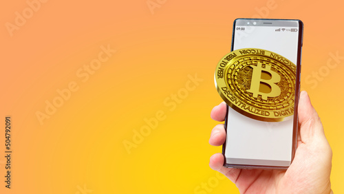 Bitcoin business. Hand with...