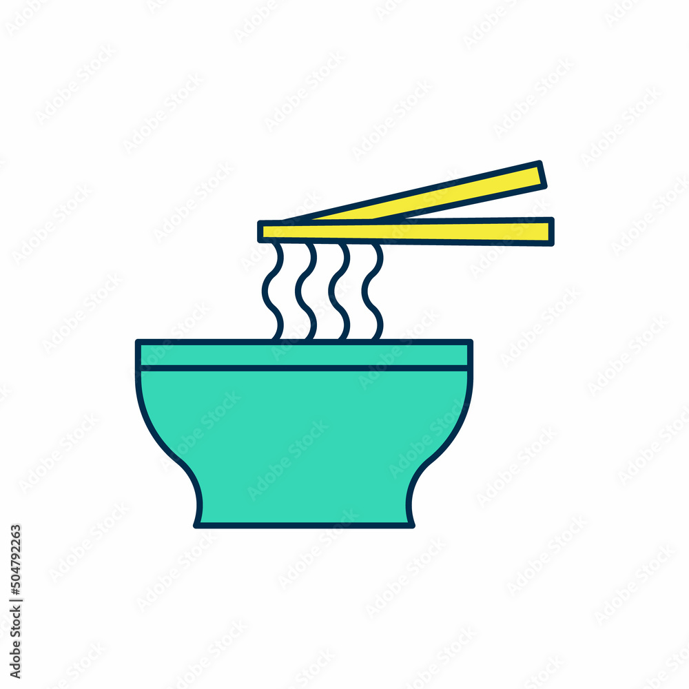 Filled outline Asian noodles in bowl and chopsticks icon isolated on white background. Street fast food. Korean, Japanese, Chinese food. Vector Filled outline Asian noodles in bowl and chopsticks icon isolated on white background. Street fast food. Korean, Japanese, Chinese food. Vector