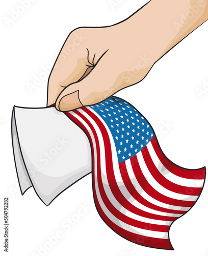 Hand holding a U.S.A. flag and a folded vote, Vector illustration