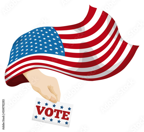 Hand holding a vote, wrapped with waving U.S.A. flag, Vector illustration