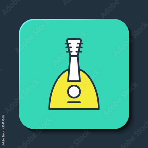 Filled outline Musical instrument balalaika icon isolated on blue background. Turquoise square button. Vector