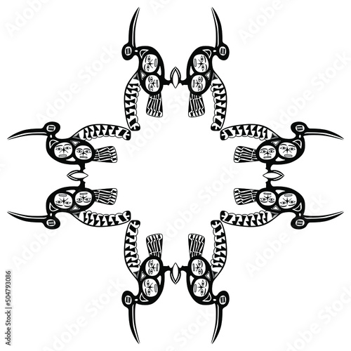 Rectangular ethnic animal frame or mandala with stylized totem birds. Native American art of Nootka Indians. Black and white silhouette.  photo