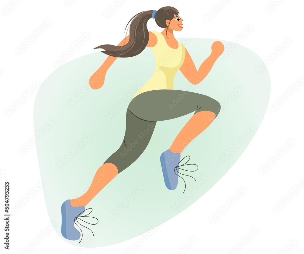 Pretty young girl runs towards the goal. Sportswoman while running. Female character running, doing fitness. Vector isolated illustration of modern design of active healthy lifestyle in flat style.