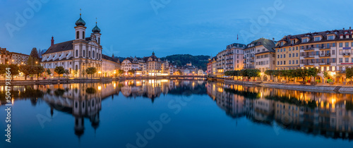 Fototapeta Naklejka Na Ścianę i Meble -  Lucerne (Luzern) city panorama at night with view of Jesuit church and Reuss River, Switzerland